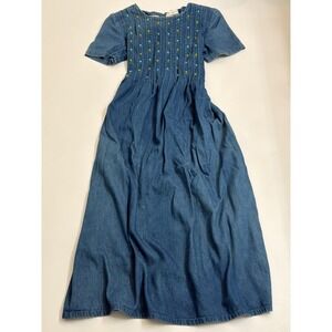 Karin Stevens Vintage Denim Maxi Dress Floral Embroidered Pintuck Blue Cotton 12
